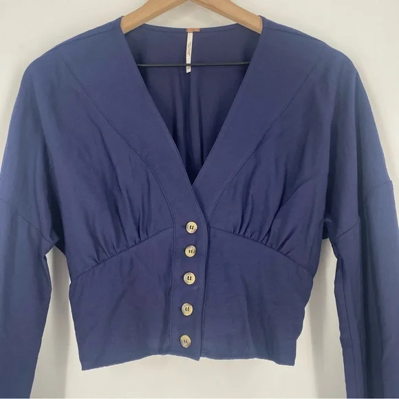 FREE PEOPLE Forever Yours Long Sleeve Button Front V-Neck Blue Cropped Top - Picture 6 of 8